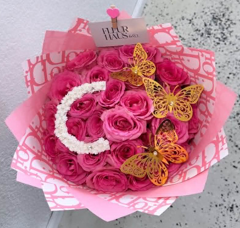 Pink Rose Bouquet with Butterflies